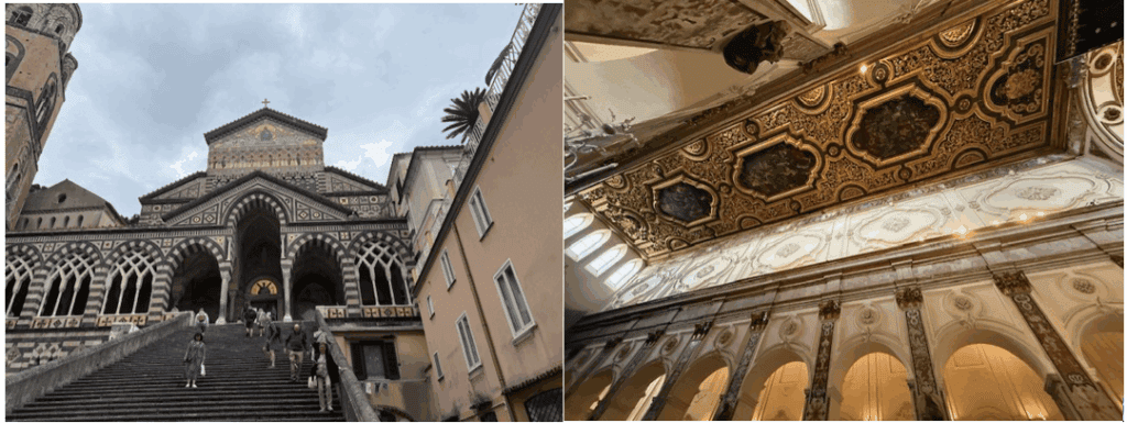 A picture of the entrance to the Piazza Duomo in Amalfi and a second picture of the inside ceiling of the Duomo.