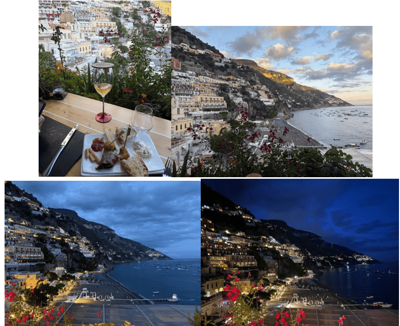 Four pictures of our view of the water and town of Positano from the cooking school.  Each picture taken from the same place put a little later in the evening.