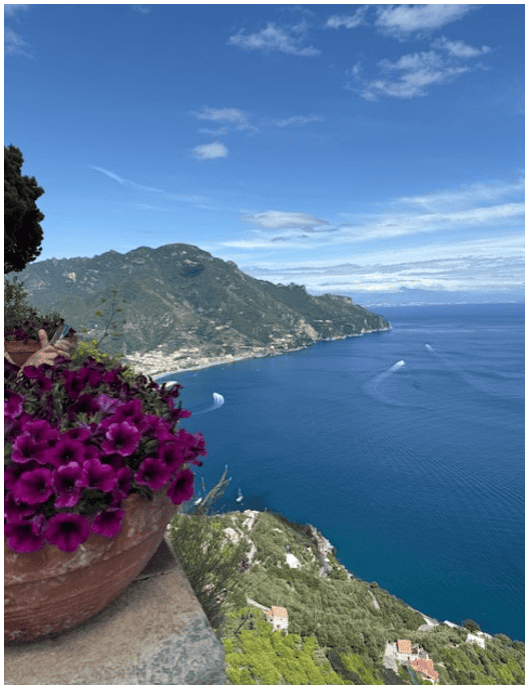 A picture of the Mediterranean Sea and Amalfi coastline from the terrace garden in Ravello.