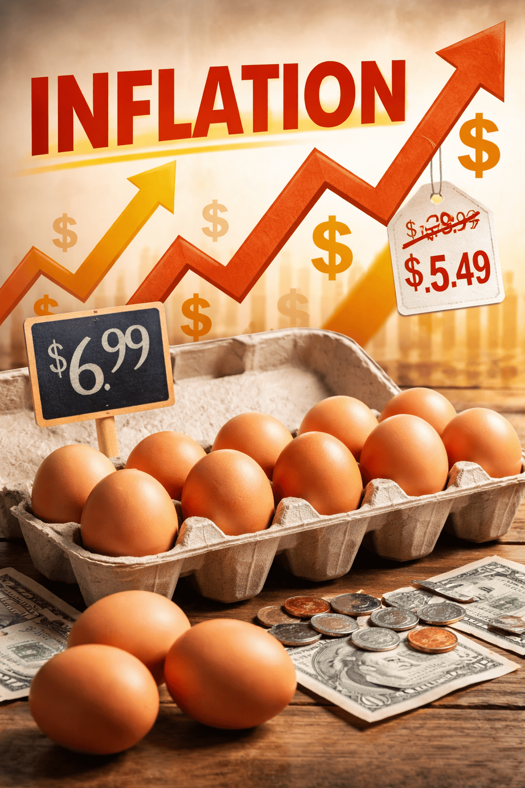 Picture of egg prices rising and inflation arrows above