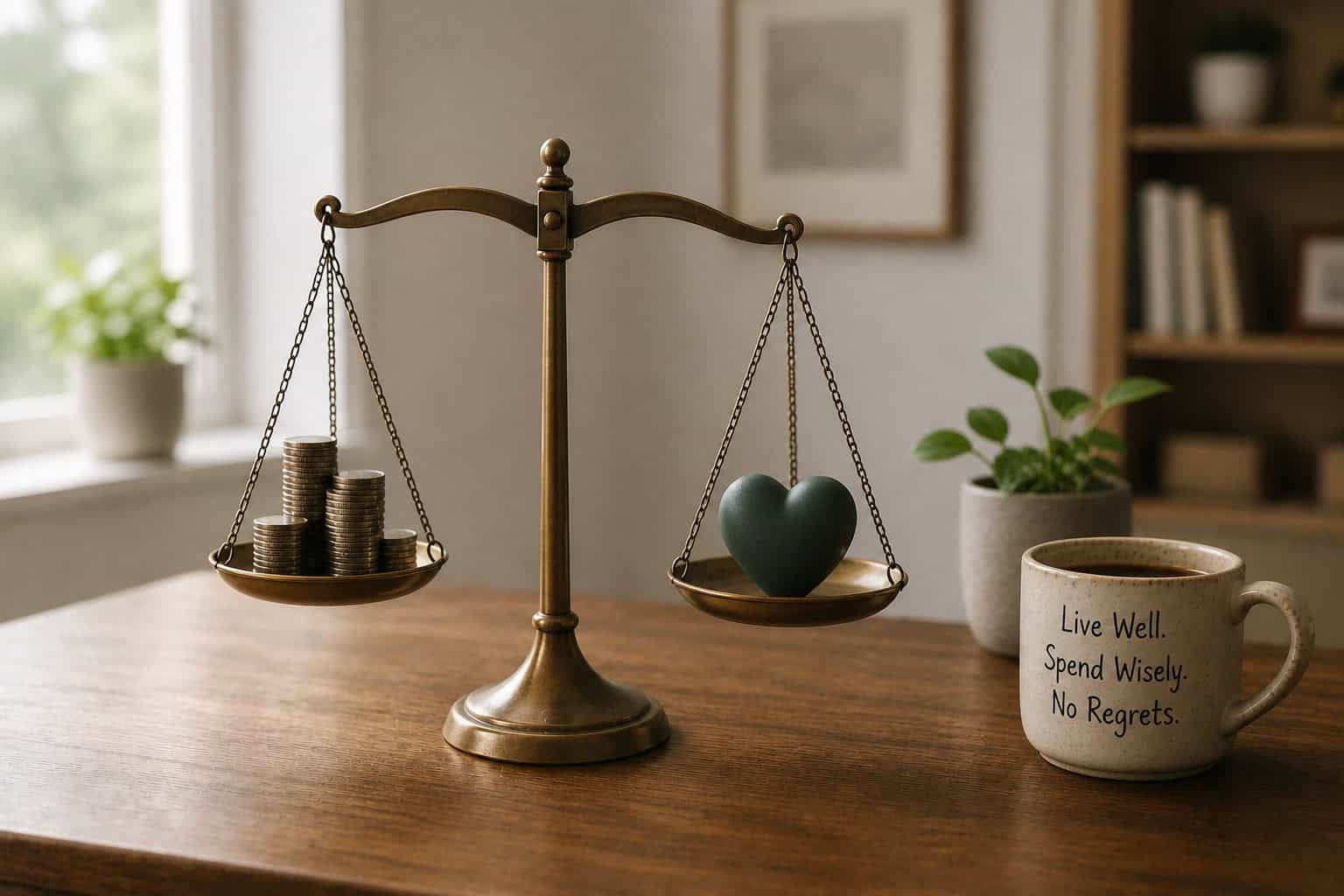 Scale with money vs. a heart and coffee cup saying life well