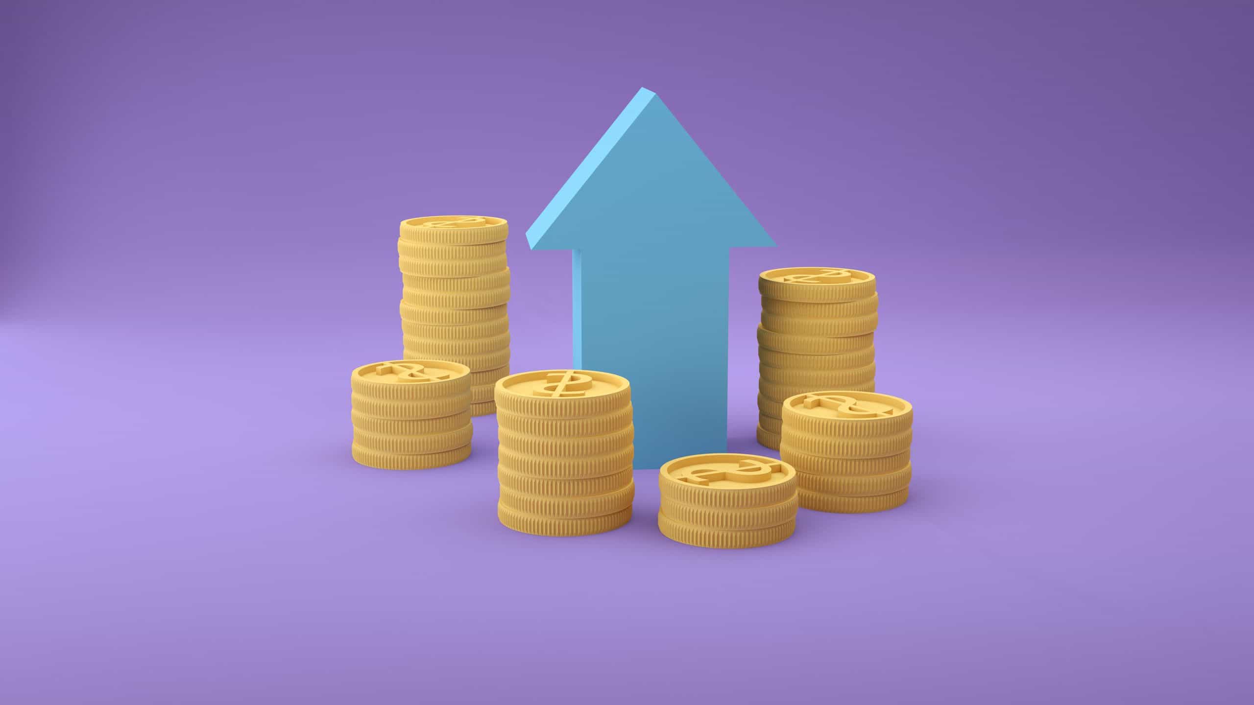 Stacks of coins with an upward arrow symbolizing financial growth and success.
